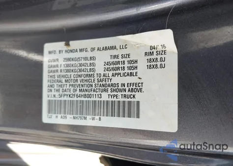 2017 Honda Ridgeline Rtl-T z USA, uszkodzony, nr VIN 5FPYK2F64HB001113